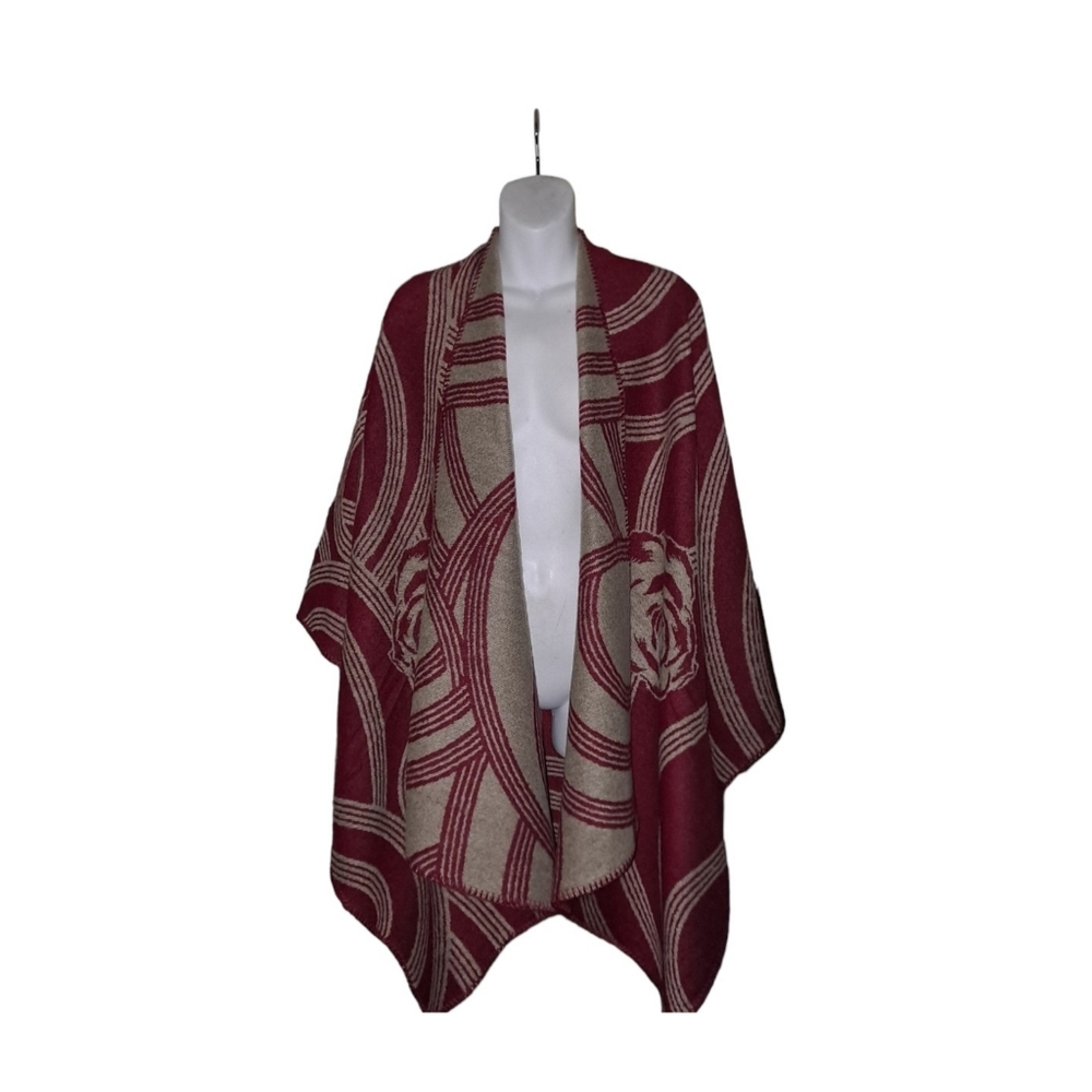 New Burgundy & Tan Flower Poncho